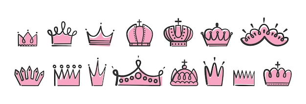 Handgetekende prinses koningin kronen Doodle kroon roze en zwart Geïsoleerde koning koninklijke ontwerpelementen Leuke vector stickers voor kleine meisjes