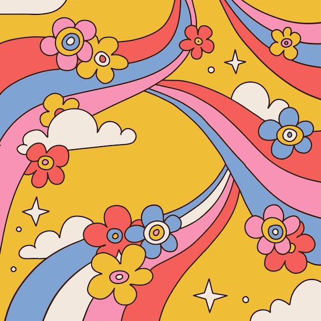 Handgetekende psychedelische groovy achtergrond met bloemen regenbogen wolken levendige kleuren retro s levendige hemel