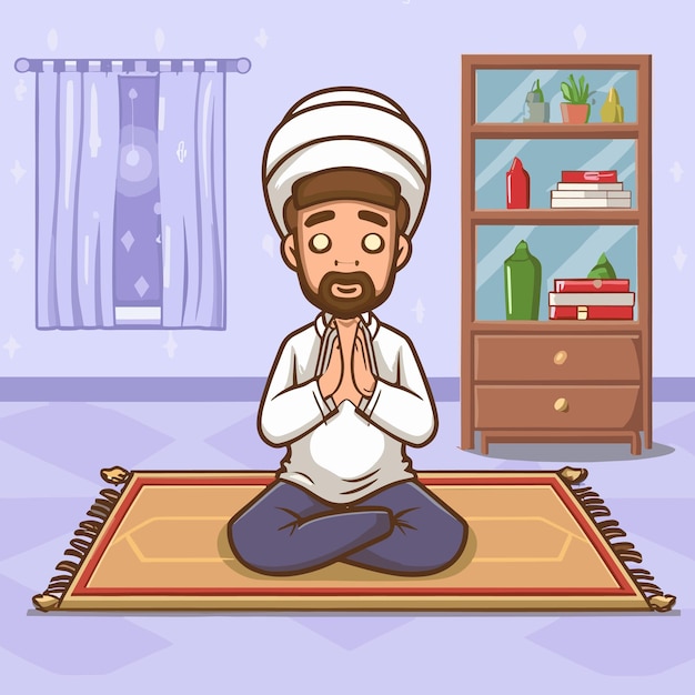Handgetekende Ramadan-illustratie met een persoon die bidt