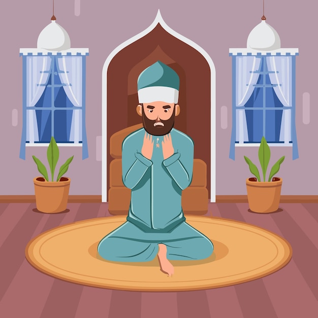 Handgetekende Ramadan-illustratie met een persoon die bidt