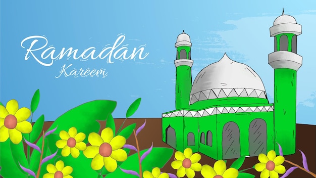 Handgetekende ramadan kareem met moskee bloemen en bladeren