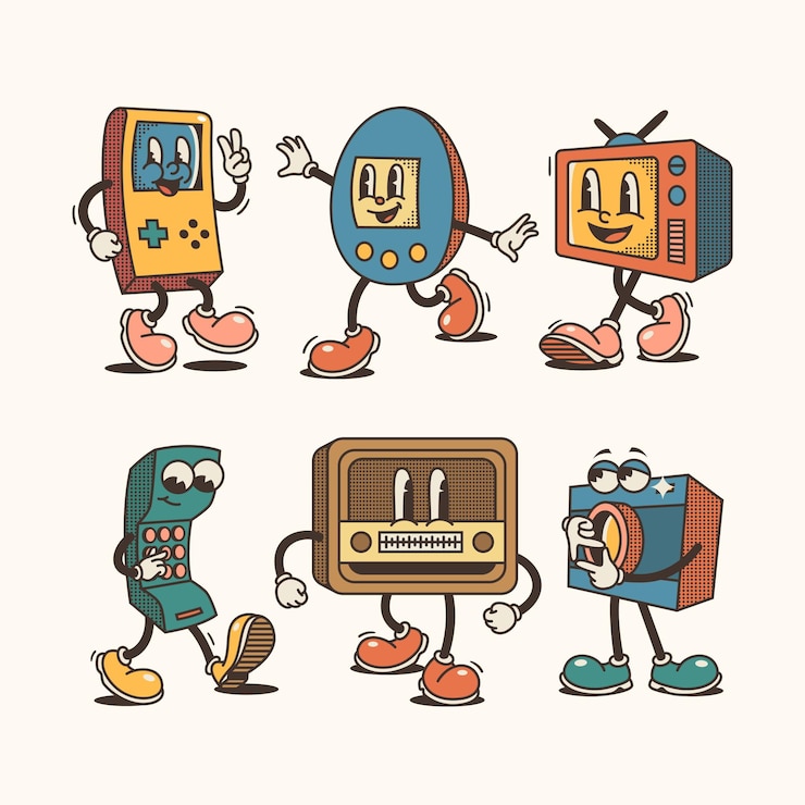 Vector handgetekende retro cartoon gadgets collectie