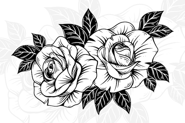 Vector handgetekende rozen en bladeren vintage bloem clipart samenstelling decoratieve illustratie in afbeelding