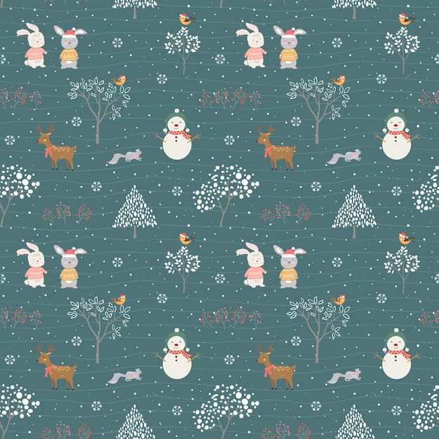 Handgetekende schattige dieren gelukkig op winter naadloos patroon voor alle printfabrictextilekid-producten