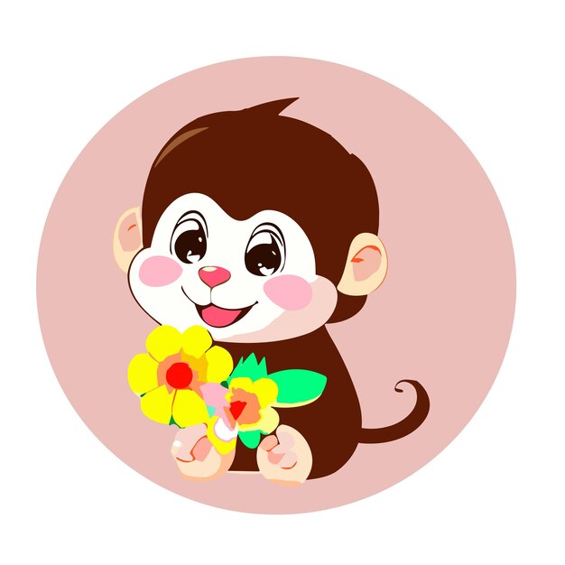 Handgetekende schattige grappige aap met bloemen cartoon stijl Sticker ontwerp
