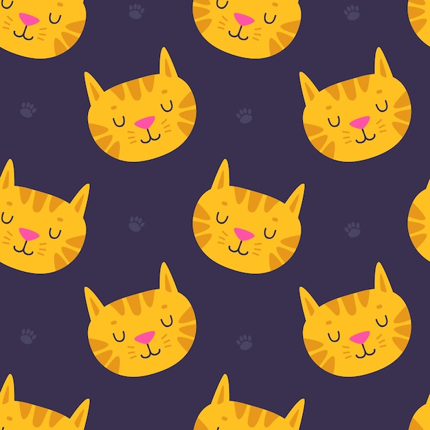 Handgetekende schattige kat naadloze patroon op donkere achtergrond. vectorillustratie eps10 voor verjaardag, inpakpapier, textiel, webpagina-achtergrond, verpakking, poster, banner en enz.
