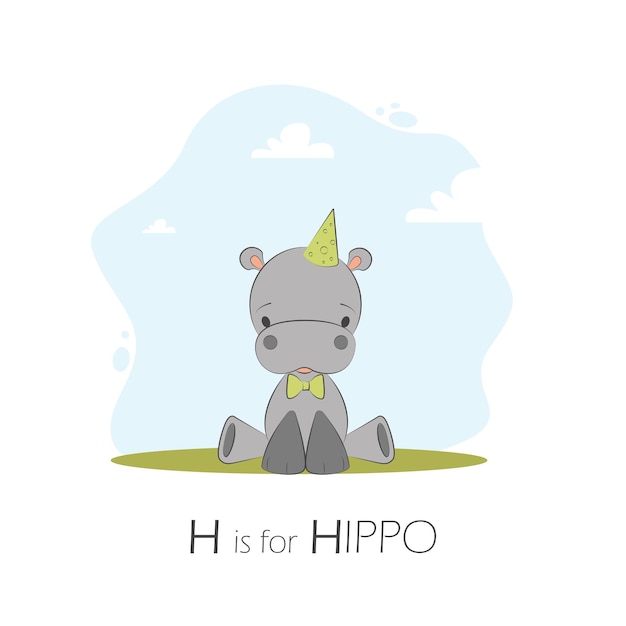 Handgetekende schattige nijlpaard zittend op het groene gras vectorillustratie H is voor nijlpaard