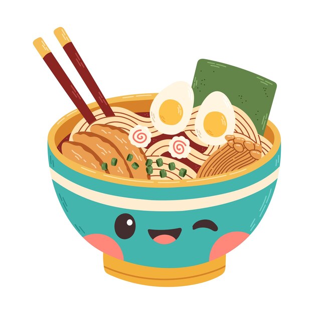 Handgetekende schattige ramen noodle in de kom met varkensvlees kip illustratie ontwerp vector