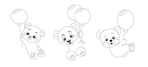 Handgetekende schattige teddyberen met ballonnen illustratie voor kleurboek