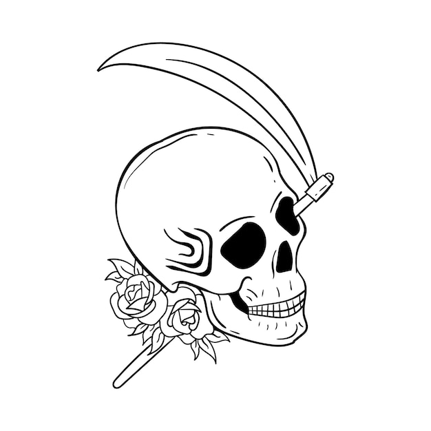 Handgetekende schedel bloem doodle illustratie voor tattoo stickers etc