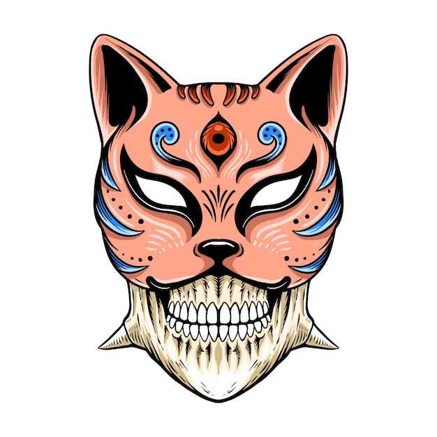 Handgetekende schedel met kitsune-masker