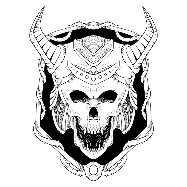 Handgetekende schedel viking in frame lijntekeningen gravure stijl