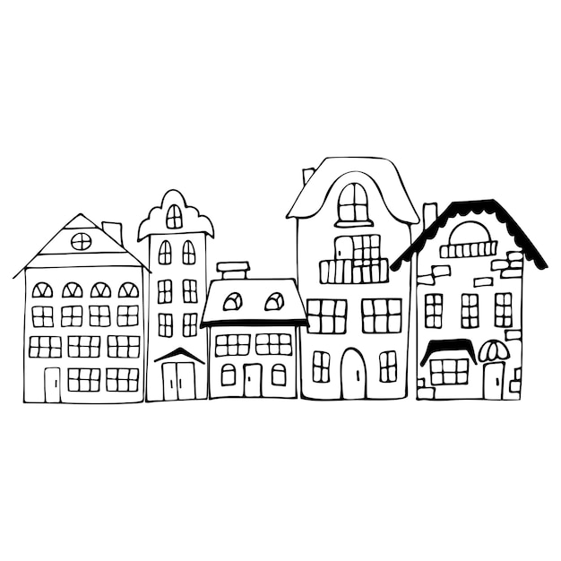 Handgetekende schets met vijf huizen op een witte achtergrond Kinderkleurstraat met gebouw