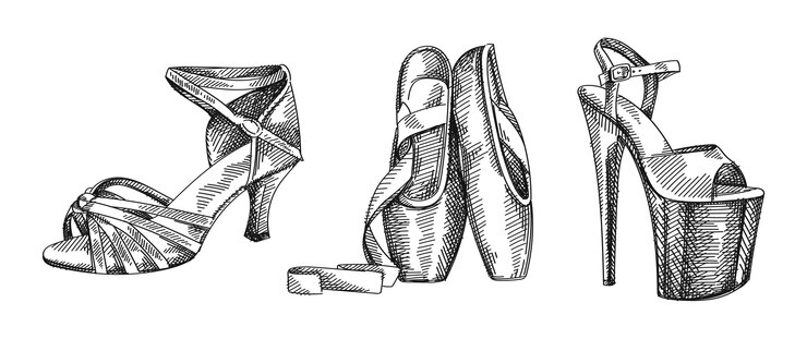 Handgetekende schets set dansschoen. De set bestaat uit spitzen; sandalen met hoge hakken, latin ballroom dansschoenen