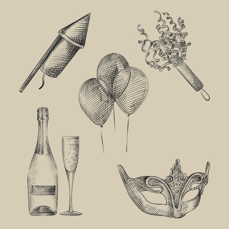 Handgetekende schets set vakantie-, feest- en feestattributen. Set bevat ballonnen, fles champagne, champagneglas, carnavalsmasker, vuurwerkraket, confetti