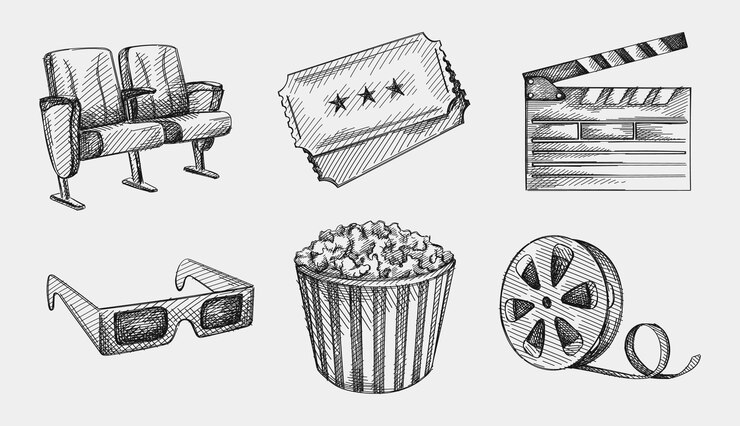 Handgetekende schets set van bioscoopindustrie. Naar de bioscoop gaan. Een film kijken. 3d bril, twee bioscoopstoelen, filmtape, Clapperboard, twee bioscoopkaartjes, grote popcornbeker