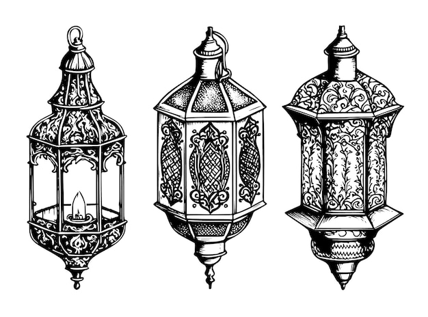 Handgetekende schets van arabische lantaarnlampen met arabische ornamenten