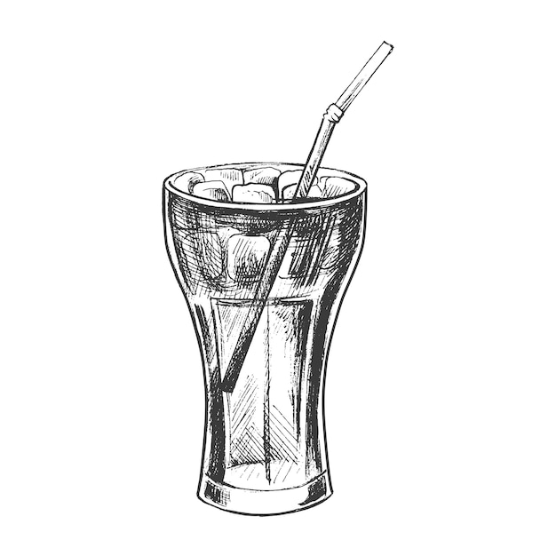 Handgetekende schets van cola glas met ijs geïsoleerd op witte achtergrond Fastfood vintage illustratie Element voor het ontwerpen van etiketten, verpakkingen en ansichtkaartenxA