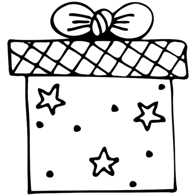 Handgetekende schets van een geschenkdoos met sterren en stippen op een witte achtergrond Cadeau gebonden met een lint
