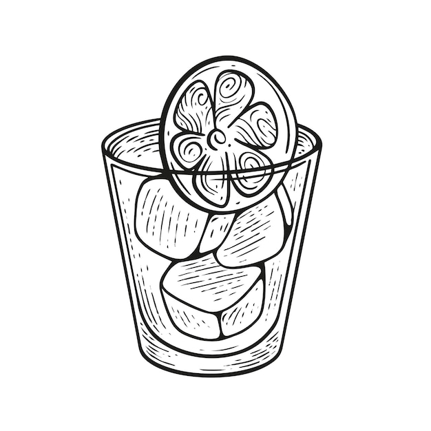 Handgetekende schets van een glas cocktail met een schijfje citroen. vectorillustratie.