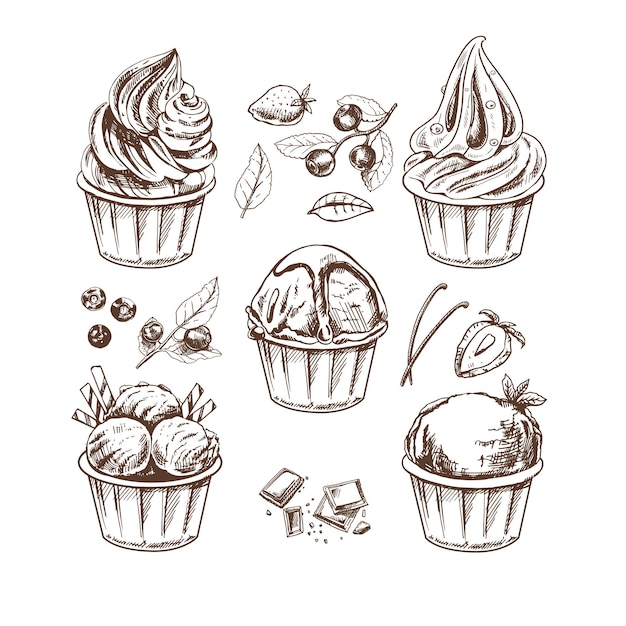 Handgetekende schets van ijsballetjes bevroren yoghurt of cupcakes in kopjes bosbessen aardbeien