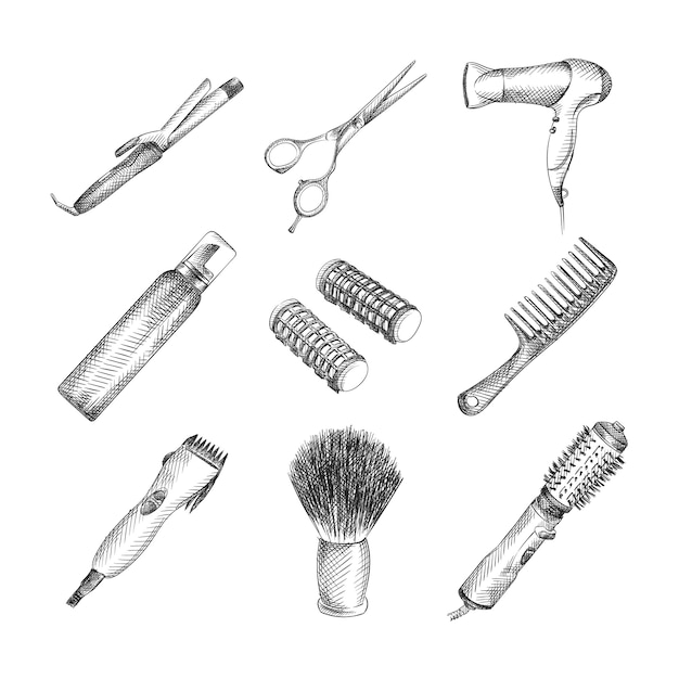 Handgetekende schets van kapper kit. De set bestaat uit een professionele schaar, haardroger, kam, mus, elektrisch scheerapparaat, krultang, krullen, een föhn met opzetborstel, scheerkwast