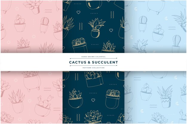 Handgetekende schetscollectie voor cactussen en sappige patronen