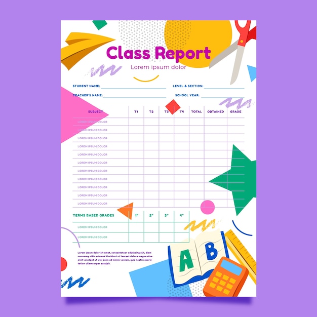 Vector handgetekende schoolrapportkaartsjabloon