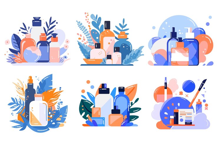 Vector handgetekende set cosmetische flessen en bladeren in platte stijl geïsoleerd op achtergrond