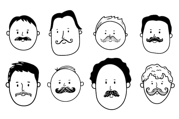 Handgetekende set doodle schetsen van verschillende mannen met verschillende soorten en vormen snorren