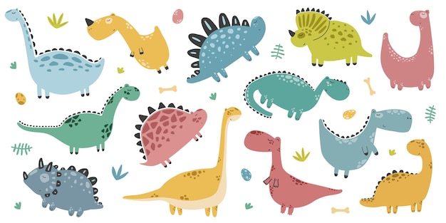 handgetekende set kinderen vectorillustratie met dinosaurussen in scandinavische stijl print poster