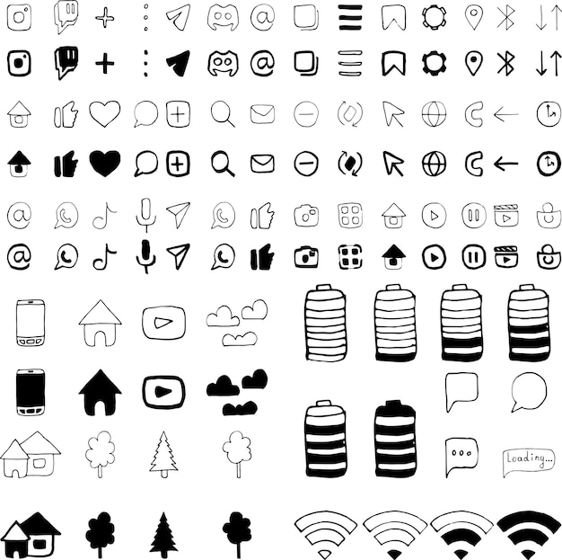 Handgetekende set pictogrammen voor zakelijke communicatie op internet en media Liner