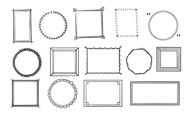 Handgetekende set van eenvoudige frame en rand met verschillende vormen hart vierkant ovaal Snijd geïsoleerde vector illustratie voor uw banner ontwerp Doodle schets stijl Frame element getekend met penseelpen