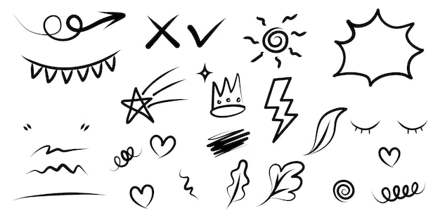Handgetekende set van krullende zwiepen, swashes, swoops. abstracte pijlen, pijl, hart, liefde, ster, blad, zon, licht, kroon, koning, koningin, op doodle stijl voor conceptontwerp. vectorillustratie.