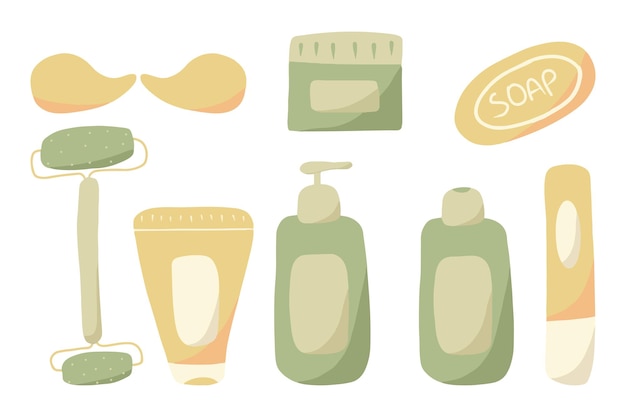 Handgetekende set voor spa thuis. Een set crème, shampoo, zeep en meer voor spa thuis. Hygiëne kit. vector illustratie