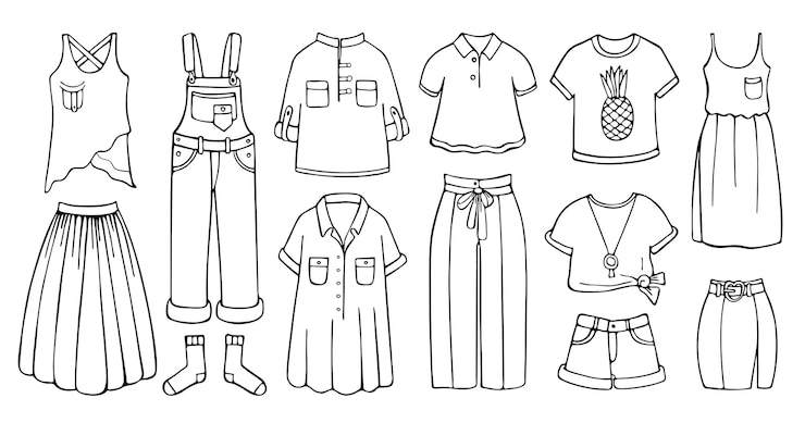 Vector handgetekende set vrouwelijke kleding voor lente en zomer