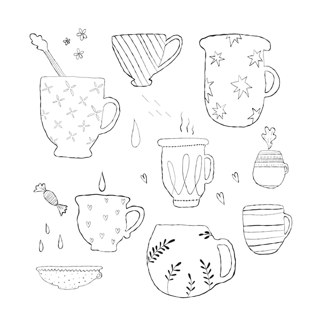 Handgetekende set warme dranken Doodle koffiekopjes witte achtergrond Koffie thee cappuccino espresso