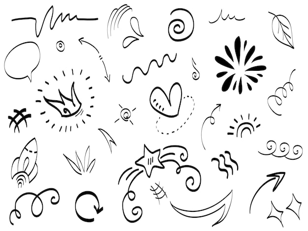 Handgetekende setelementen Abstracte pijlen linten harten sterren kronen en andere elementen in een handgetekende stijl voor conceptontwerpen Scribble illustratie Vector illustratie