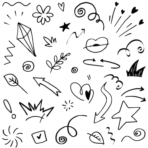 Handgetekende setelementen Abstracte pijlen linten harten sterren kronen en andere elementen in een handgetekende stijl voor conceptontwerpen Scribble illustratie Vector illustratie
