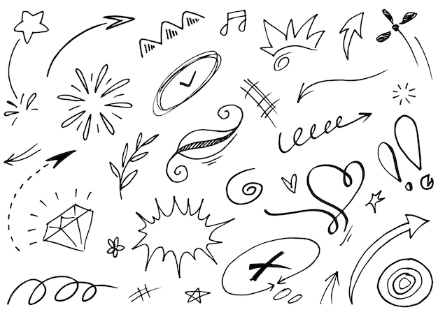 Handgetekende setelementen Abstracte pijlen linten harten sterren kronen en andere elementen in een handgetekende stijl voor conceptontwerpen Scribble illustratie Vector illustratie