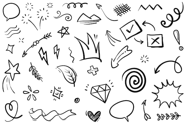 Handgetekende setelementen Abstracte pijlen linten harten sterren kronen en andere elementen in een handgetekende stijl voor conceptontwerpen Scribble illustratie Vector illustratie