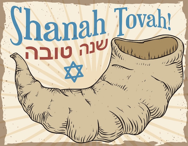 Handgetekende sjofarhoorn en begroetingstekst die een gelukkig nieuwjaar wenst voor Rosj Hasjana of Joods Nieuwjaar