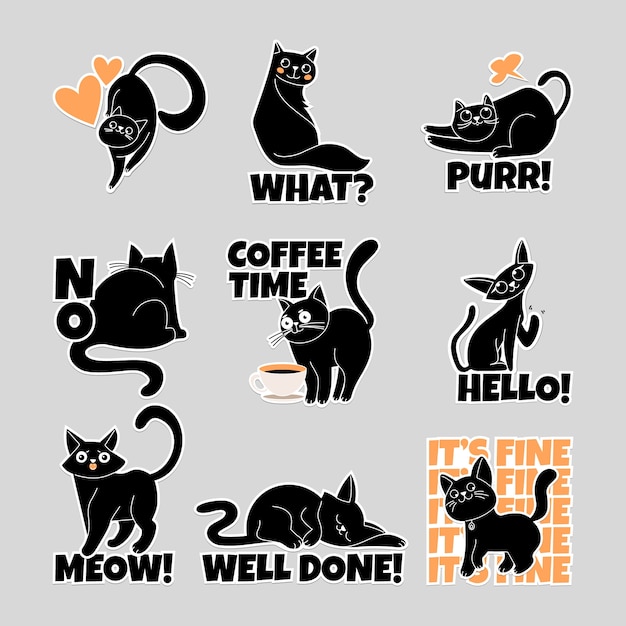 Vector handgetekende stickers met silhouetten van katten
