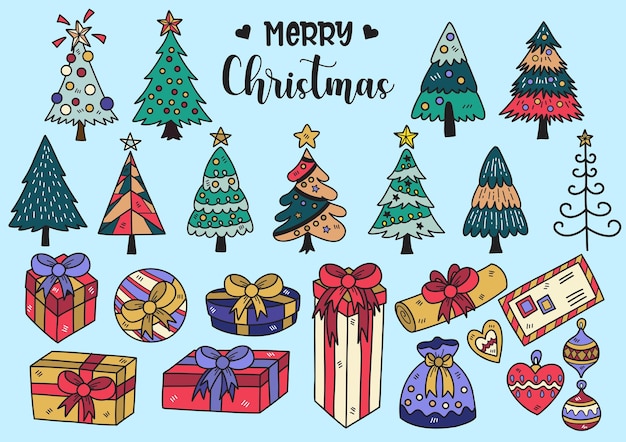 Handgetekende stijl kerstboom en geschenkdoos doodle objecten vector illustratie