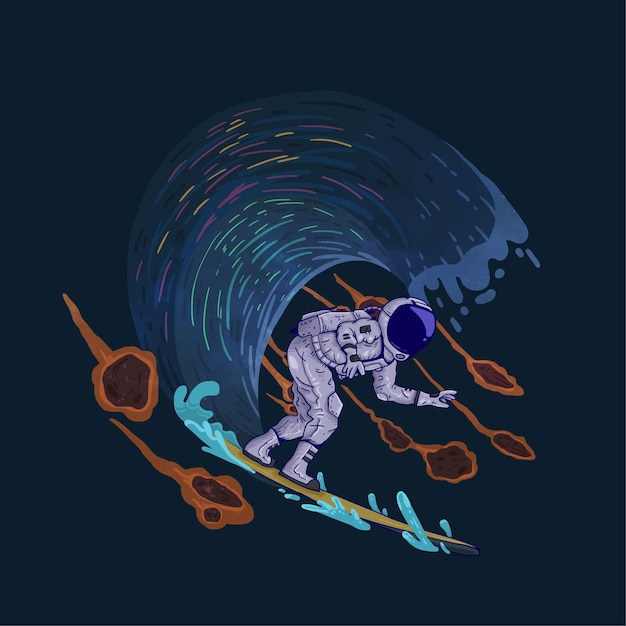 Handgetekende surfing astronaut t-shirt illustratie