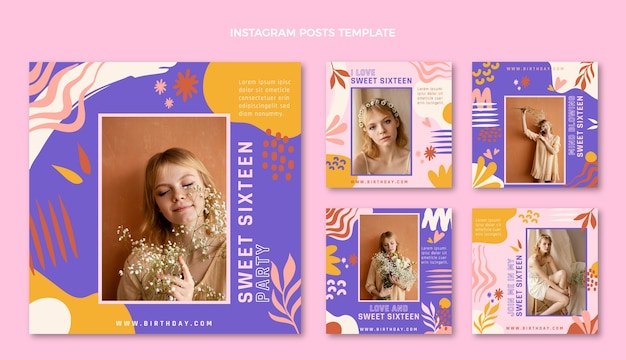 Vector handgetekende sweet 16 instagram posts