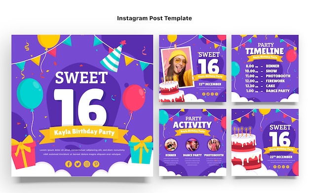 Vector handgetekende sweet 16 instagram posts