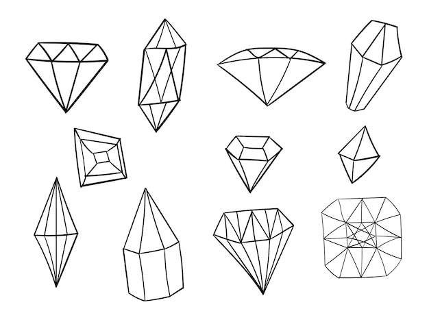 Handgetekende symbolencollectie met edelstenen kwarts mineralen diamanten