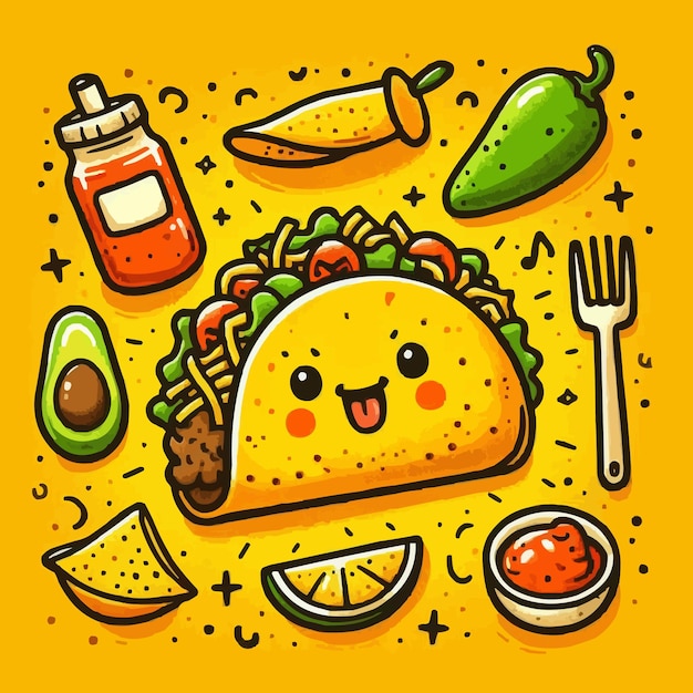 Handgetekende taco cartoon illustratie gele achtergrond