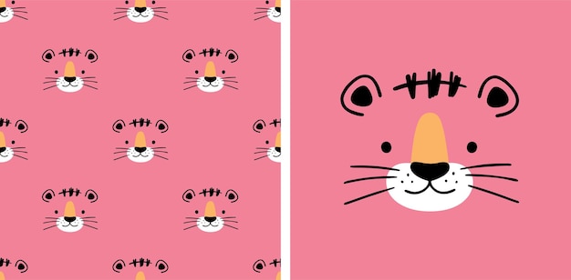 Handgetekende tijger voor babykleertjes Vector illustratie in doodle stijl Ansichtkaart met tijger en naadloos patroon